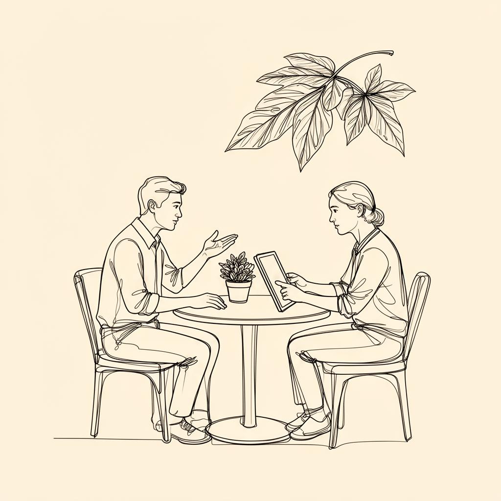 Line drawing of two evma consultants reviewing a project on a tablet